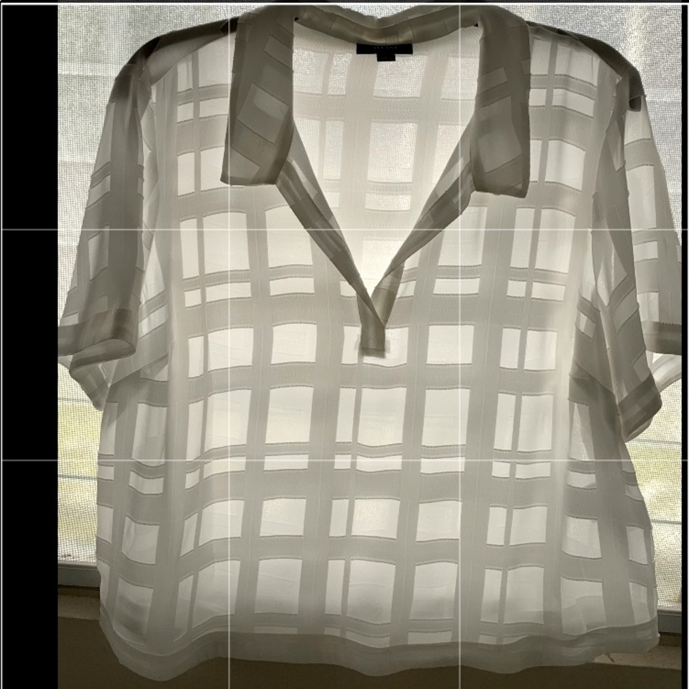 “ALFANI” WHITE SHEER BLOUSE WITH FINE FABRIC SQUARES ACCENTS